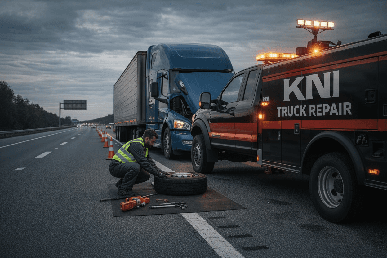 A mechanic in a high-visibility vest changes a tire on a highway for a blue semi-truck.