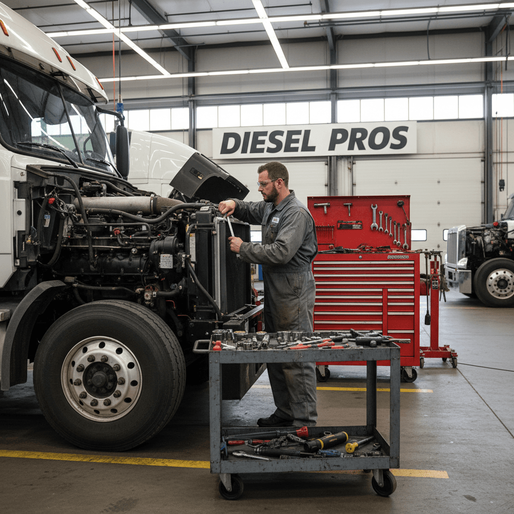 Mechanic servicing semi truck engine