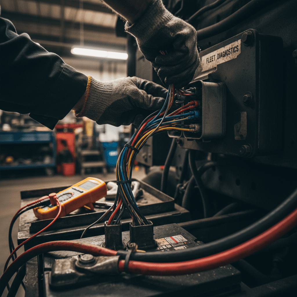 Technician's hands performing electrical system diagnosis on truck wiring and battery connections in close-up